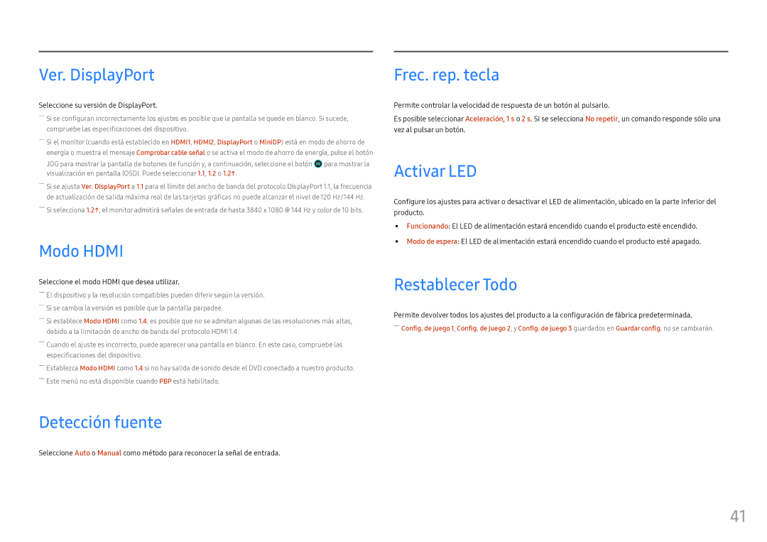 Samsung LC49HG90DMUXEN Ver. DisplayPort, Modo Hdmi, Detección fuente, Frec. rep. tecla, Activar LED, Restablecer Todo 
