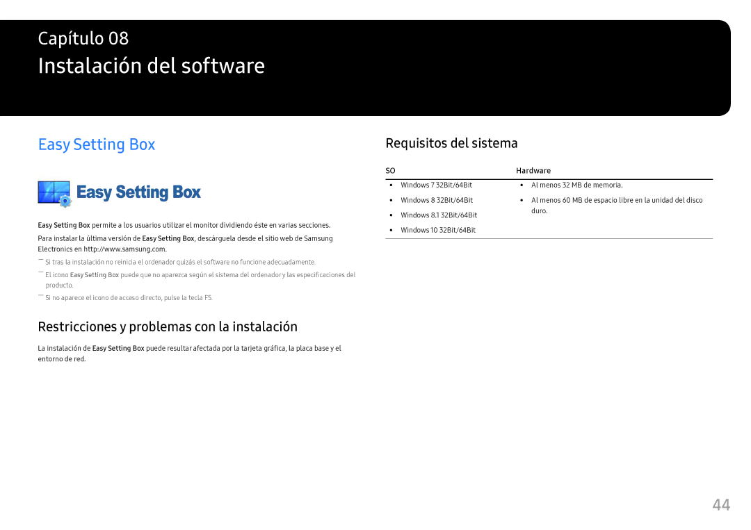 Samsung LC49HG90DMUXEN manual Instalación del software, Easy Setting Box, Requisitos del sistema 