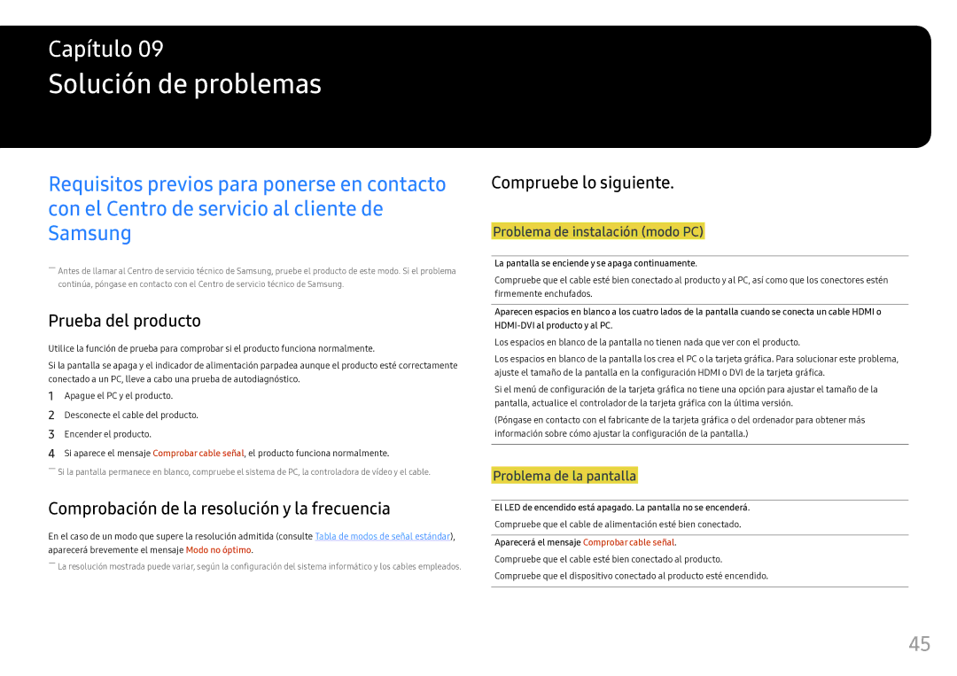 Samsung LC49HG90DMUXEN manual Solución de problemas, Prueba del producto, Comprobación de la resolución y la frecuencia 