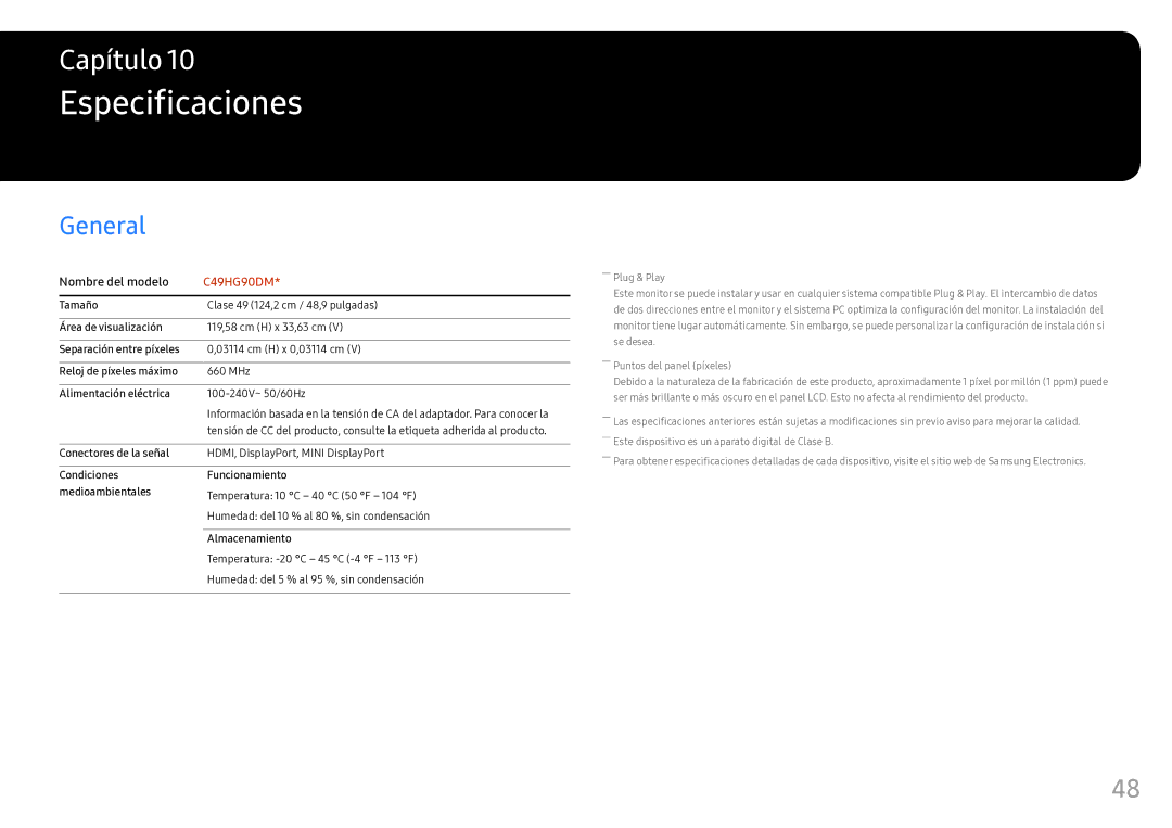 Samsung LC49HG90DMUXEN manual Especificaciones, General 