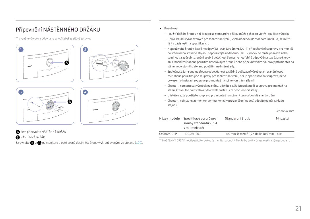 Samsung LC49HG90DMUXEN manual Připevnění Nástěnného Držáku, Zarovnejte B a 