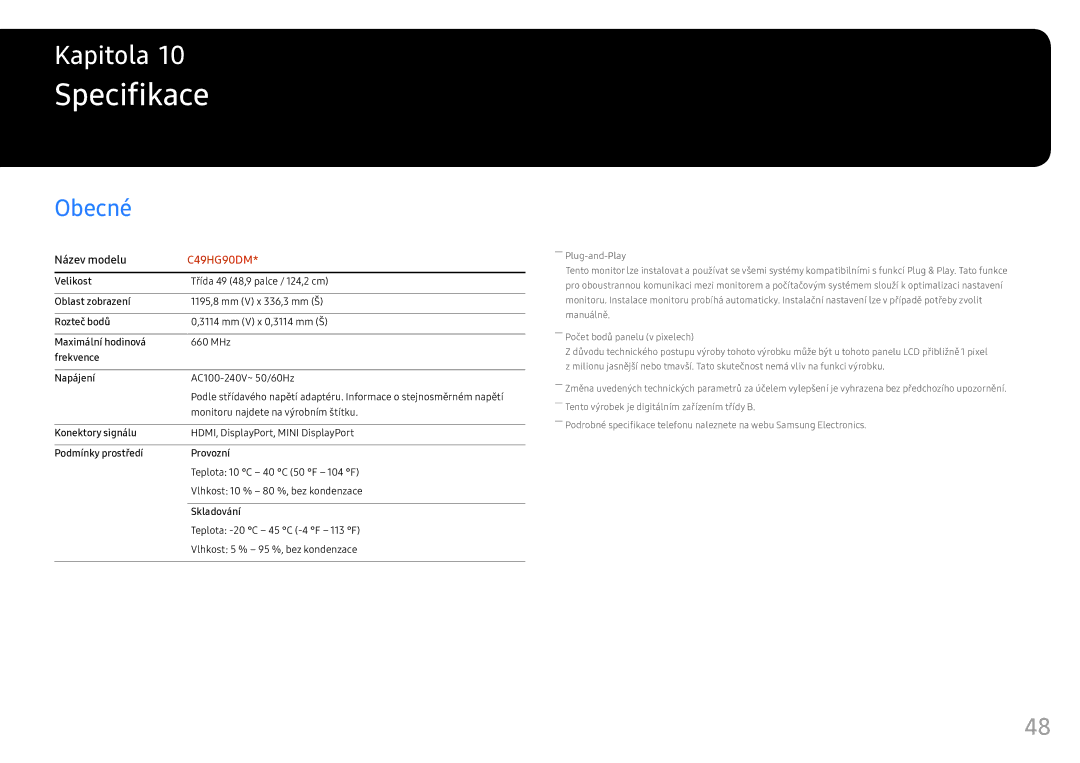 Samsung LC49HG90DMUXEN manual Specifikace, Obecné 