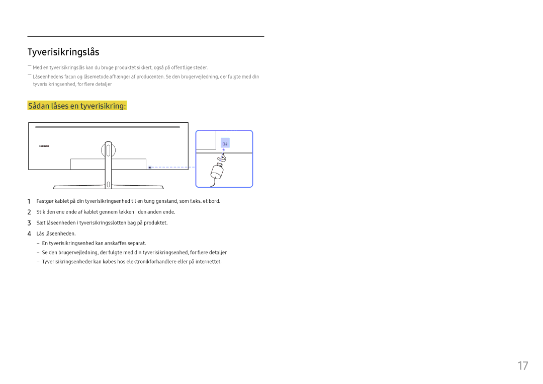 Samsung LC49HG90DMUXEN manual Tyverisikringslås, Sådan låses en tyverisikring 