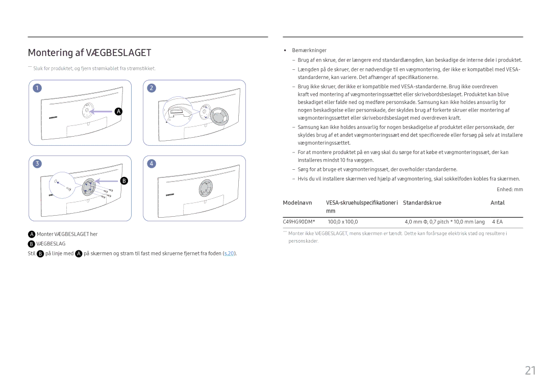 Samsung LC49HG90DMUXEN manual Montering af Vægbeslaget, Stil B på linje med 