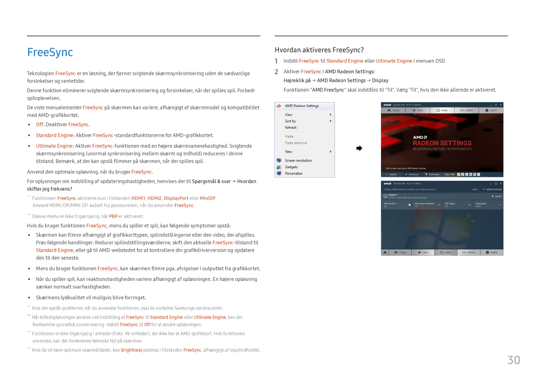 Samsung LC49HG90DMUXEN manual Hvordan aktiveres FreeSync? 