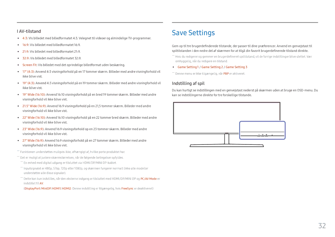 Samsung LC49HG90DMUXEN manual Save Settings, Indstilling af spil 