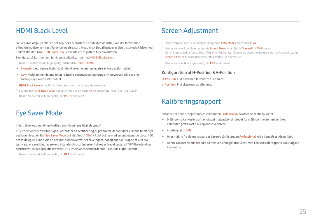 Samsung LC49HG90DMUXEN manual Hdmi Black Level, Eye Saver Mode, Screen Adjustment, Kalibreringsrapport 