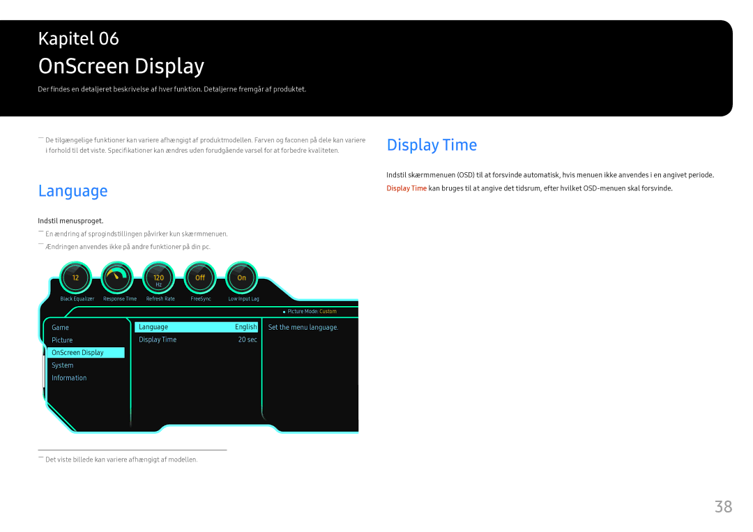 Samsung LC49HG90DMUXEN manual OnScreen Display, Language, Display Time, Indstil menusproget 