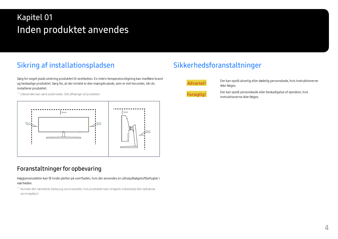 Samsung LC49HG90DMUXEN manual Inden produktet anvendes, Sikring af installationspladsen, Sikkerhedsforanstaltninger 