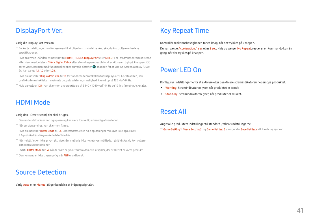 Samsung LC49HG90DMUXEN manual DisplayPort Ver, Hdmi Mode, Source Detection, Key Repeat Time, Power LED On, Reset All 