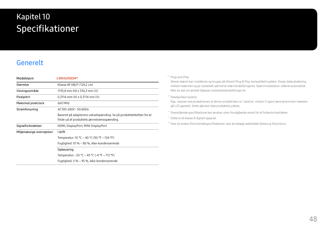 Samsung LC49HG90DMUXEN manual Specifikationer, Generelt 