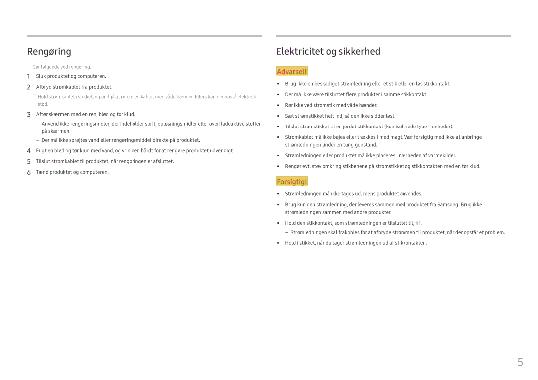 Samsung LC49HG90DMUXEN manual Rengøring, Elektricitet og sikkerhed 