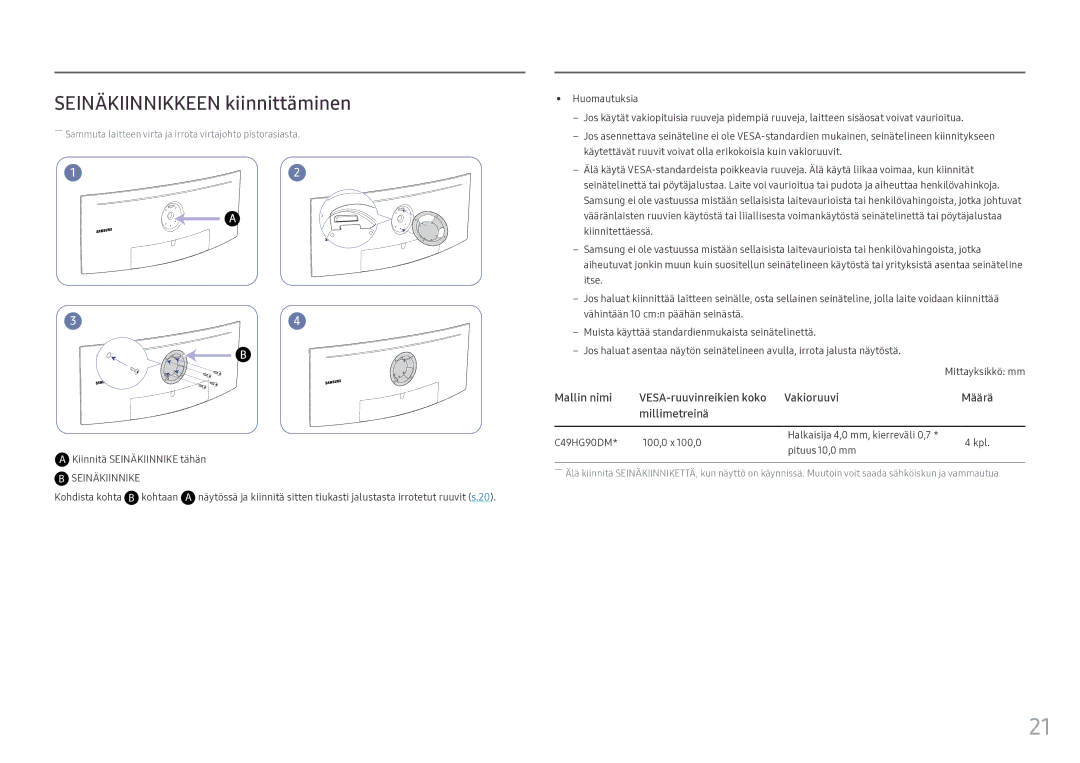 Samsung LC49HG90DMUXEN manual Seinäkiinnikkeen kiinnittäminen, Kiinnitä Seinäkiinnike tähän, Määrä 