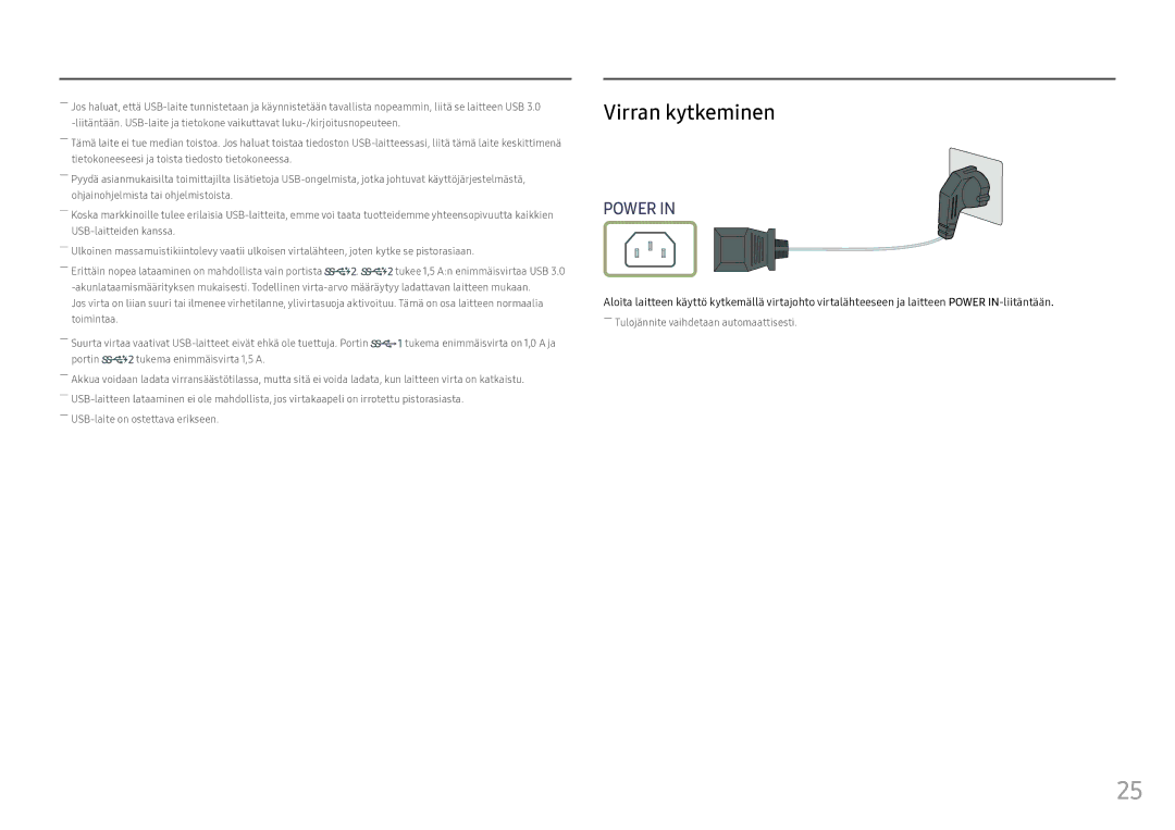 Samsung LC49HG90DMUXEN manual Virran kytkeminen, Toimintaa 