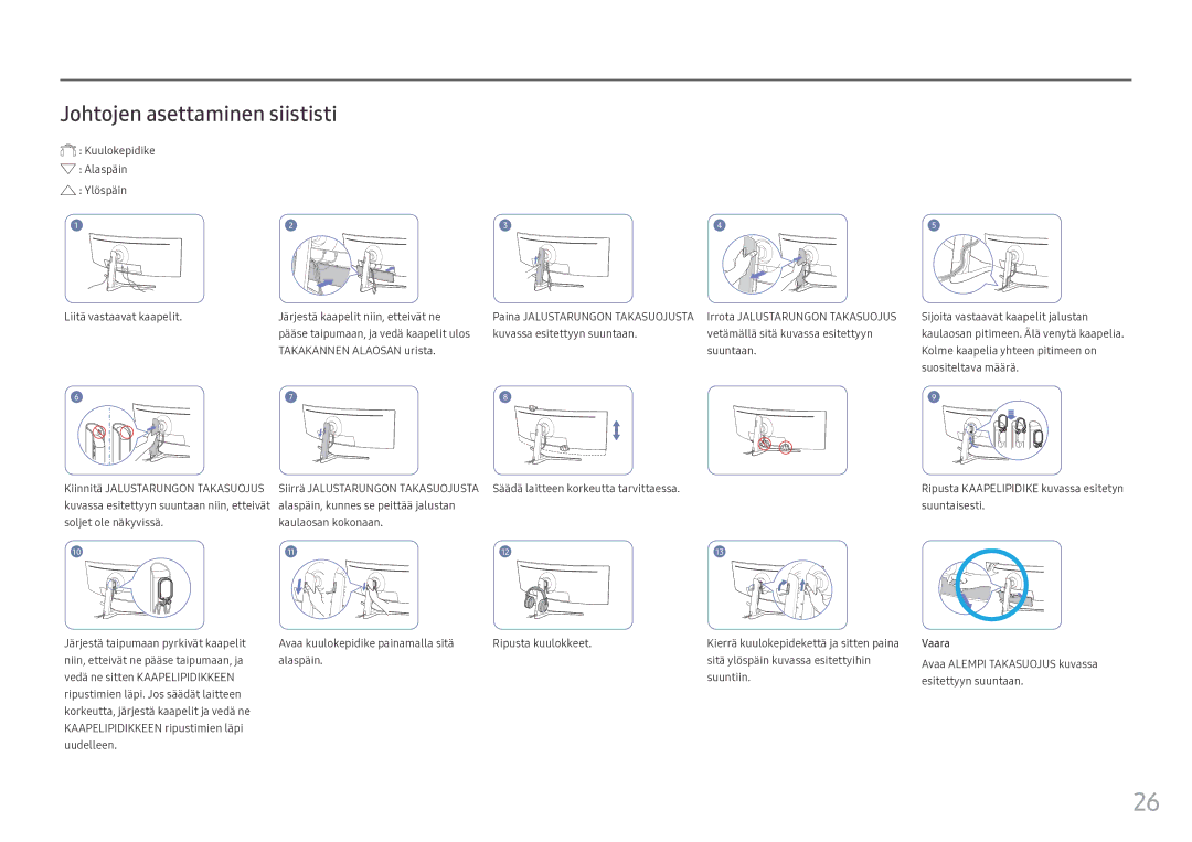 Samsung LC49HG90DMUXEN manual Johtojen asettaminen siististi, Kuulokepidike Alaspäin Ylöspäin 