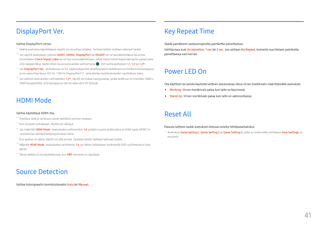 Samsung LC49HG90DMUXEN manual DisplayPort Ver, Hdmi Mode, Source Detection, Key Repeat Time, Power LED On, Reset All 