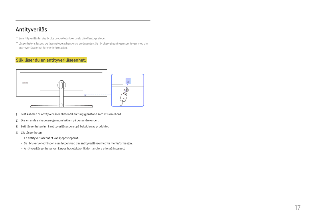 Samsung LC49HG90DMUXEN manual Antityverilås, Slik låser du en antityverilåseenhet 