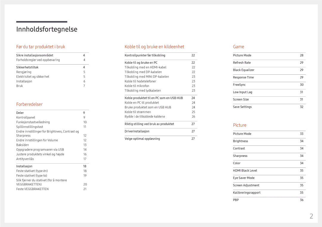 Samsung LC49HG90DMUXEN manual Innholdsfortegnelse 