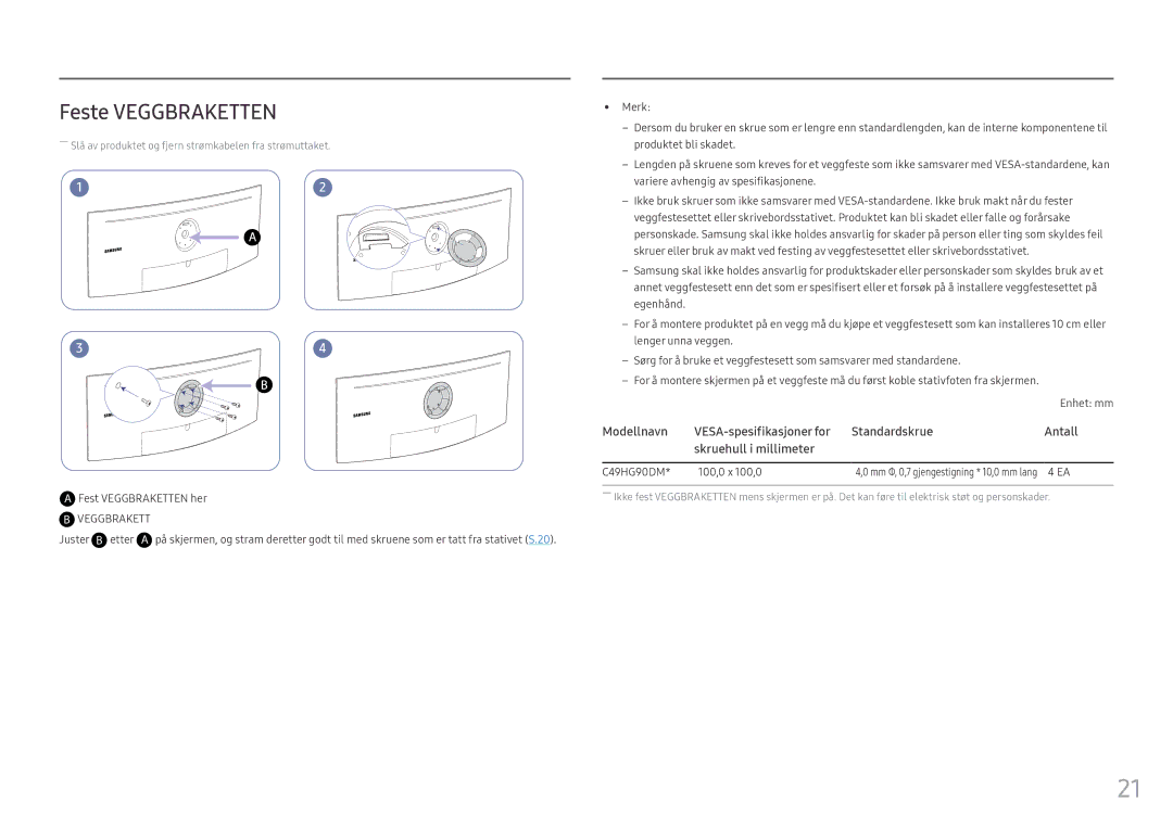 Samsung LC49HG90DMUXEN manual Feste Veggbraketten, Juster B etter, C49HG90DM 100,0 x 100,0 