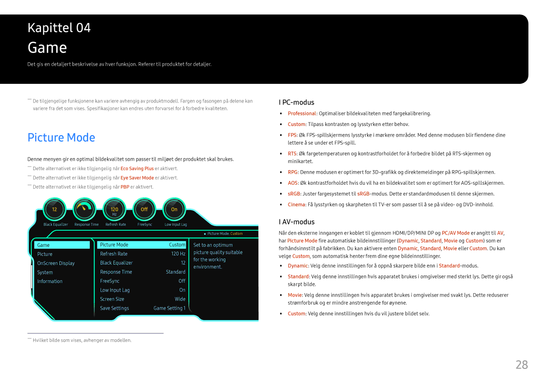 Samsung LC49HG90DMUXEN manual Game, Picture Mode 