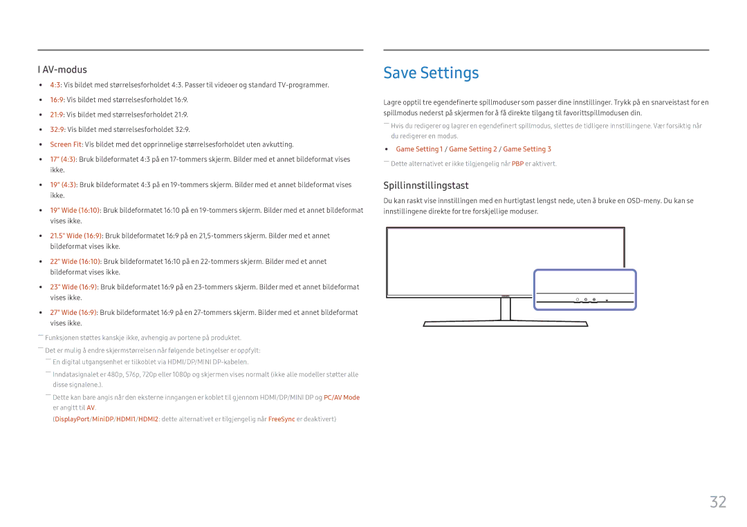 Samsung LC49HG90DMUXEN manual Save Settings, Spillinnstillingstast 