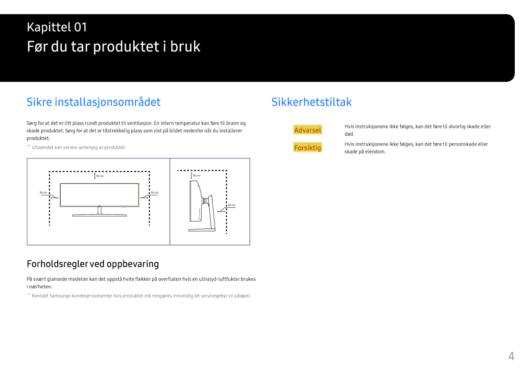 Samsung LC49HG90DMUXEN manual Før du tar produktet i bruk, Sikre installasjonsområdet, Sikkerhetstiltak 