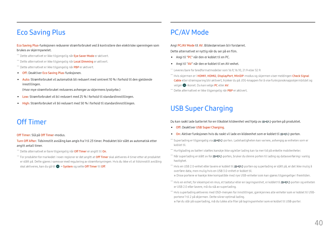 Samsung LC49HG90DMUXEN manual Eco Saving Plus, Off Timer, PC/AV Mode, USB Super Charging 