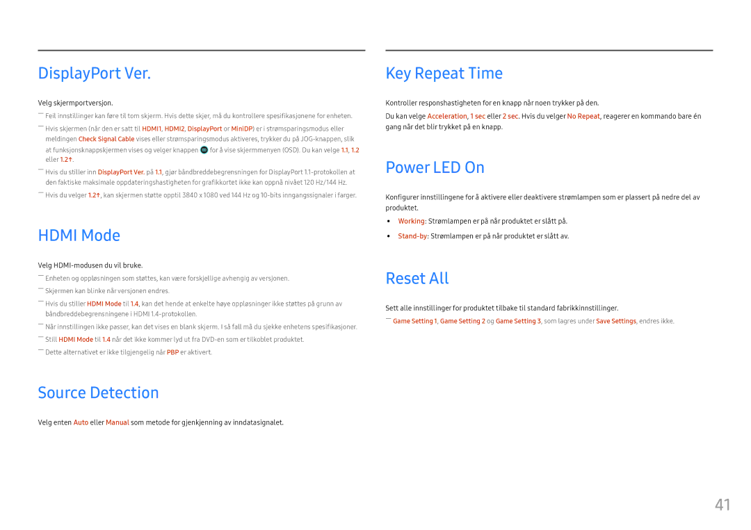 Samsung LC49HG90DMUXEN manual DisplayPort Ver, Hdmi Mode, Source Detection, Key Repeat Time, Power LED On, Reset All 