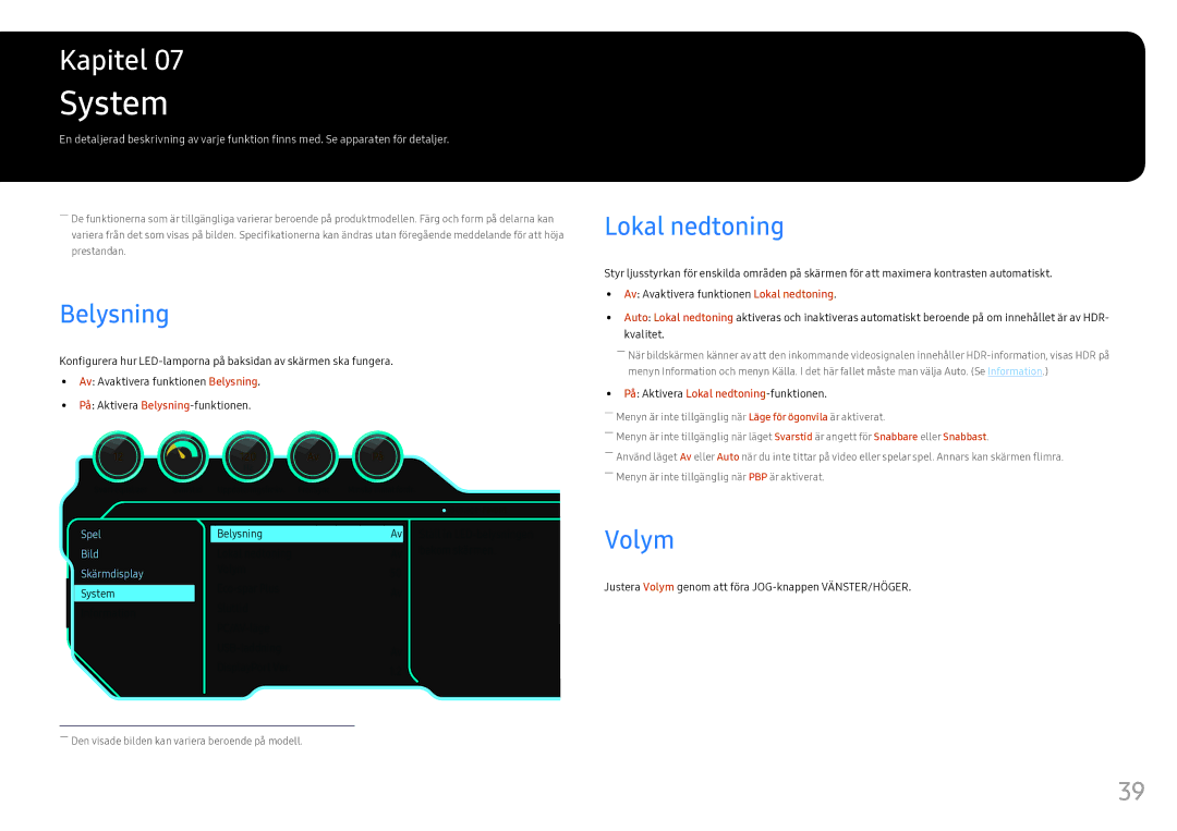 Samsung LC49HG90DMUXEN manual System, Belysning, Lokal nedtoning, Volym 