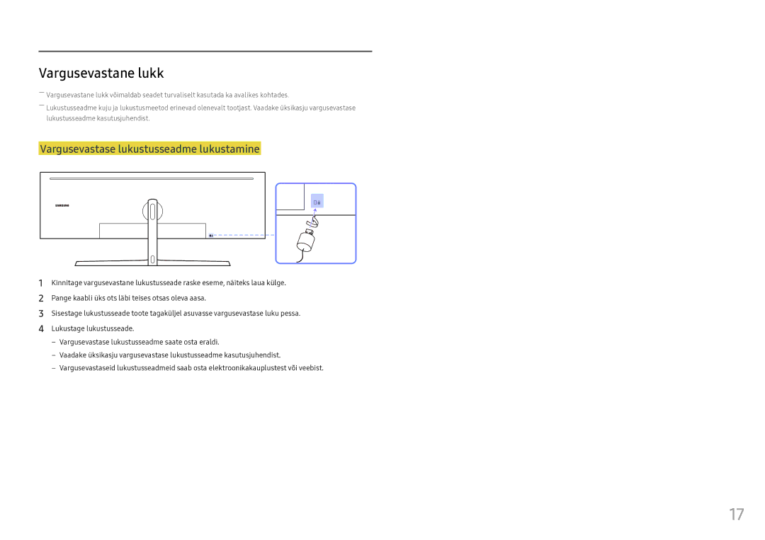 Samsung LC49HG90DMUXEN manual Vargusevastane lukk, Vargusevastase lukustusseadme lukustamine 