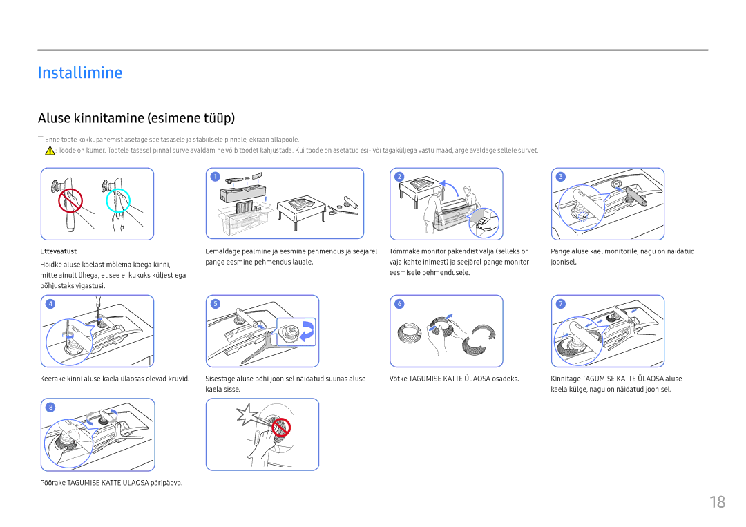 Samsung LC49HG90DMUXEN manual Installimine, Aluse kinnitamine esimene tüüp, Ettevaatust 