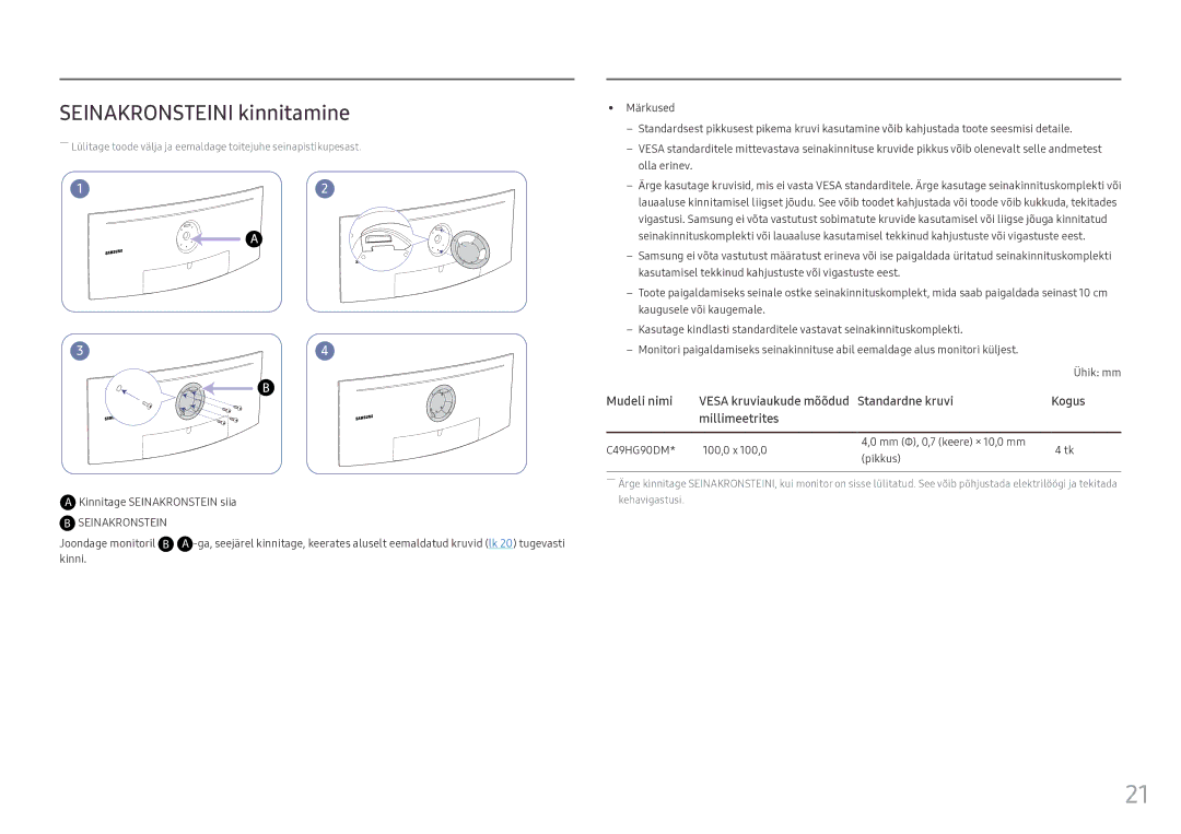 Samsung LC49HG90DMUXEN manual Seinakronsteini kinnitamine, Joondage monitoril B 