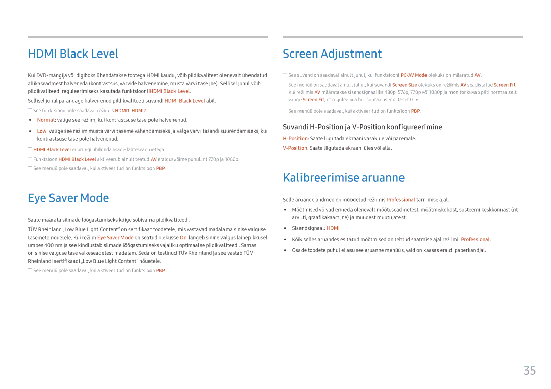 Samsung LC49HG90DMUXEN manual Hdmi Black Level, Eye Saver Mode, Screen Adjustment, Kalibreerimise aruanne 