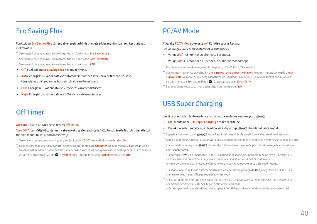 Samsung LC49HG90DMUXEN manual Eco Saving Plus, Off Timer, PC/AV Mode, USB Super Charging 