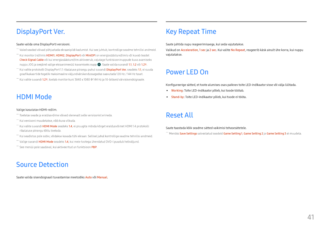 Samsung LC49HG90DMUXEN manual DisplayPort Ver, Hdmi Mode, Source Detection, Key Repeat Time, Power LED On, Reset All 