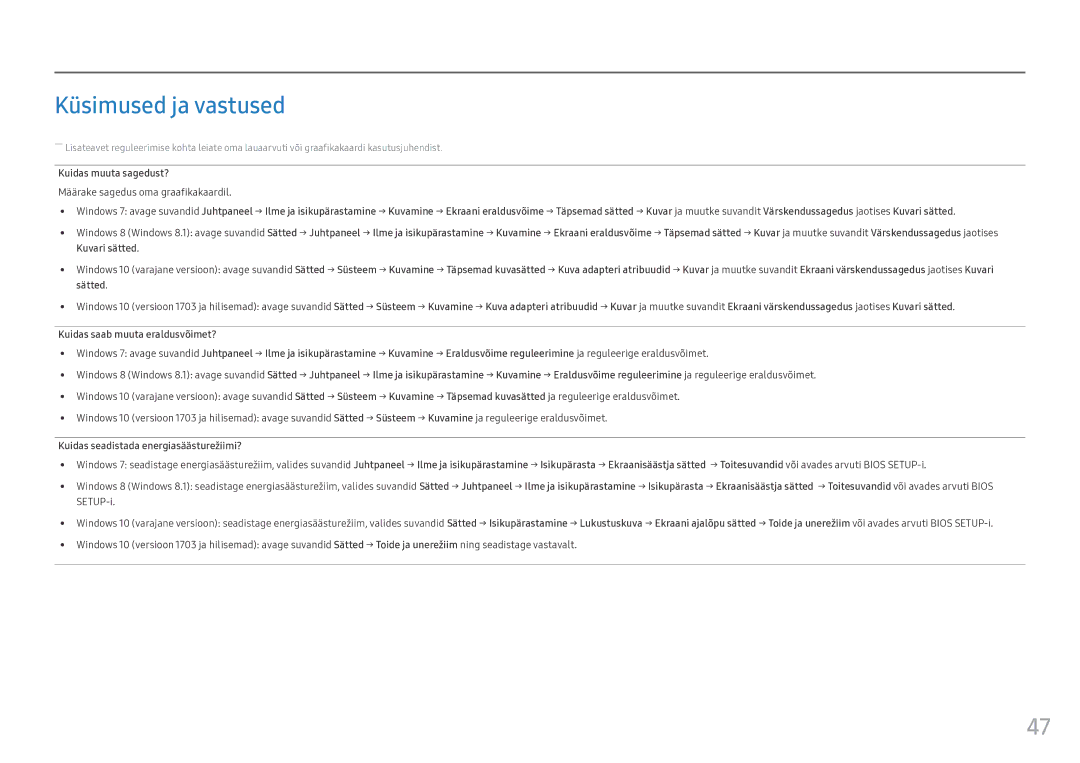 Samsung LC49HG90DMUXEN Küsimused ja vastused, Määrake sagedus oma graafikakaardil, Kuidas seadistada energiasäästurežiimi? 