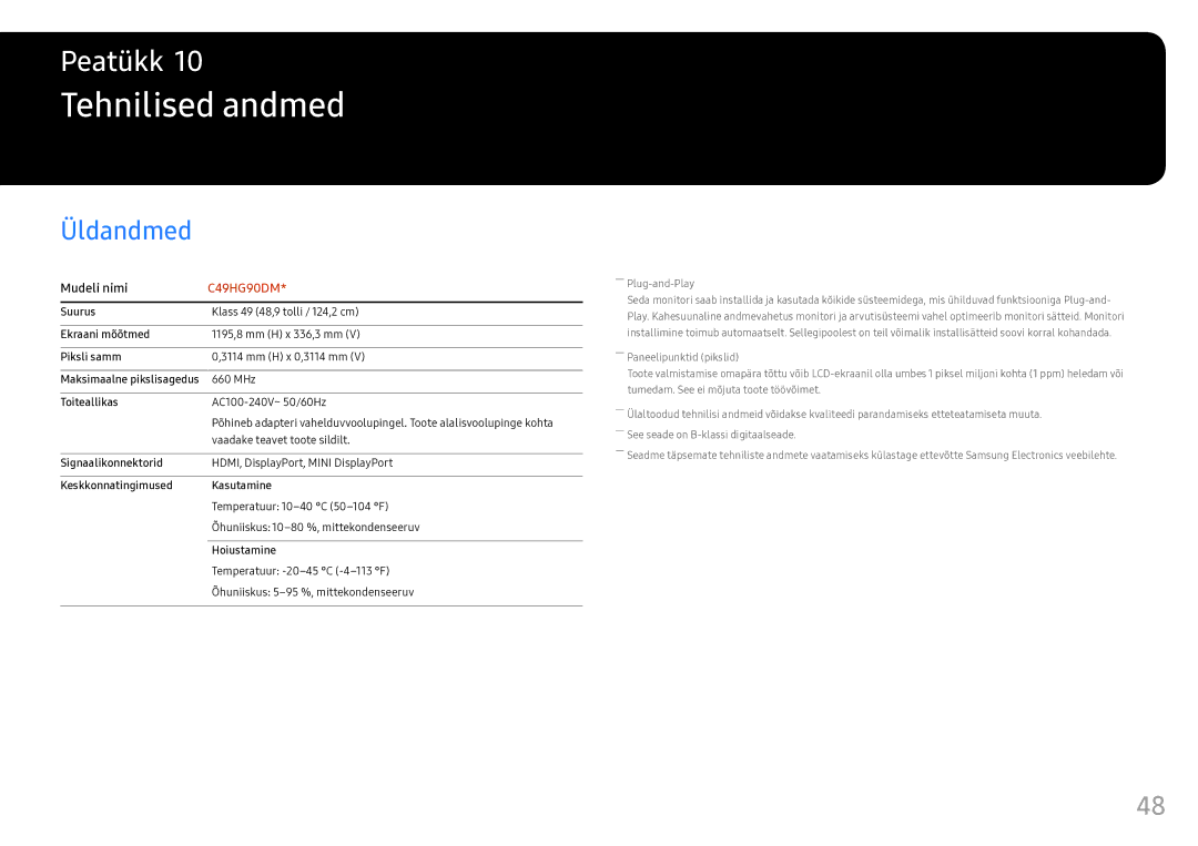 Samsung LC49HG90DMUXEN manual Tehnilised andmed, Üldandmed 