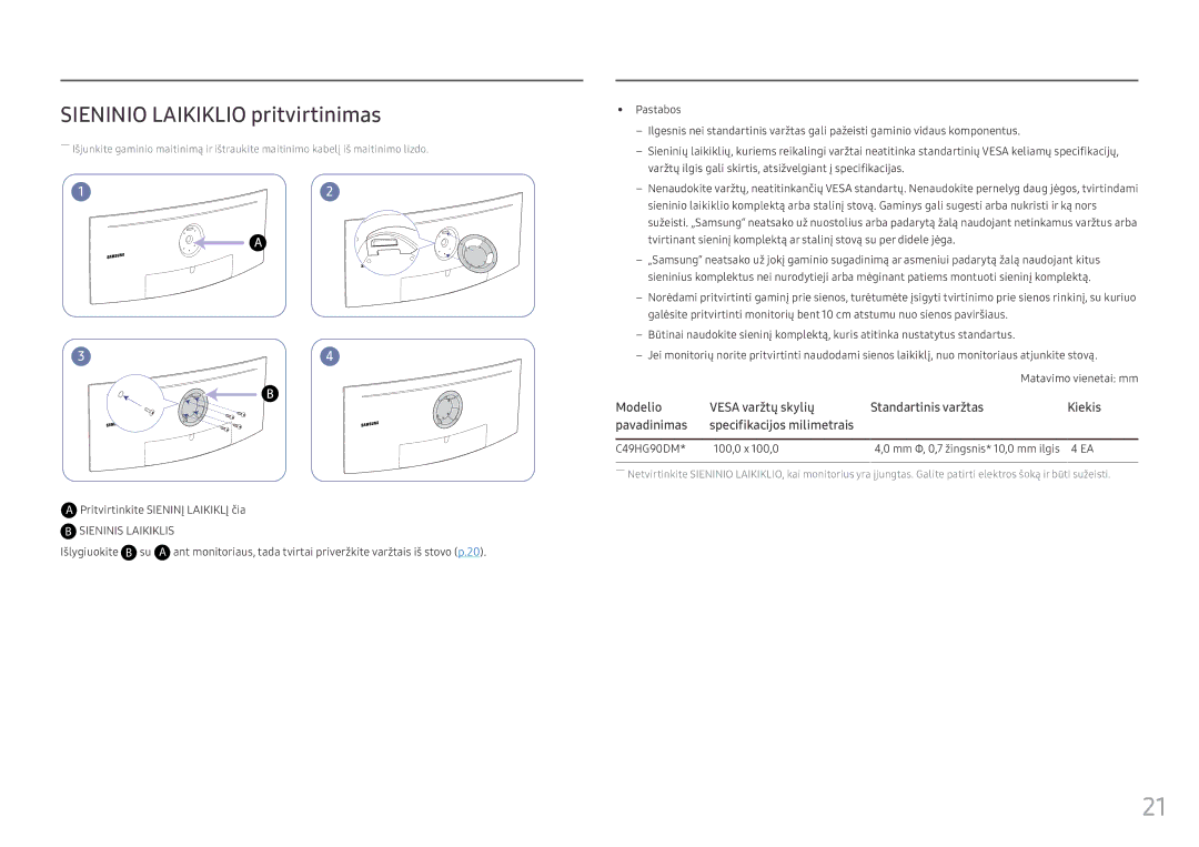 Samsung LC49HG90DMUXEN manual Sieninio Laikiklio pritvirtinimas, Pritvirtinkite Sieninį Laikiklį čia, Išlygiuokite B su 