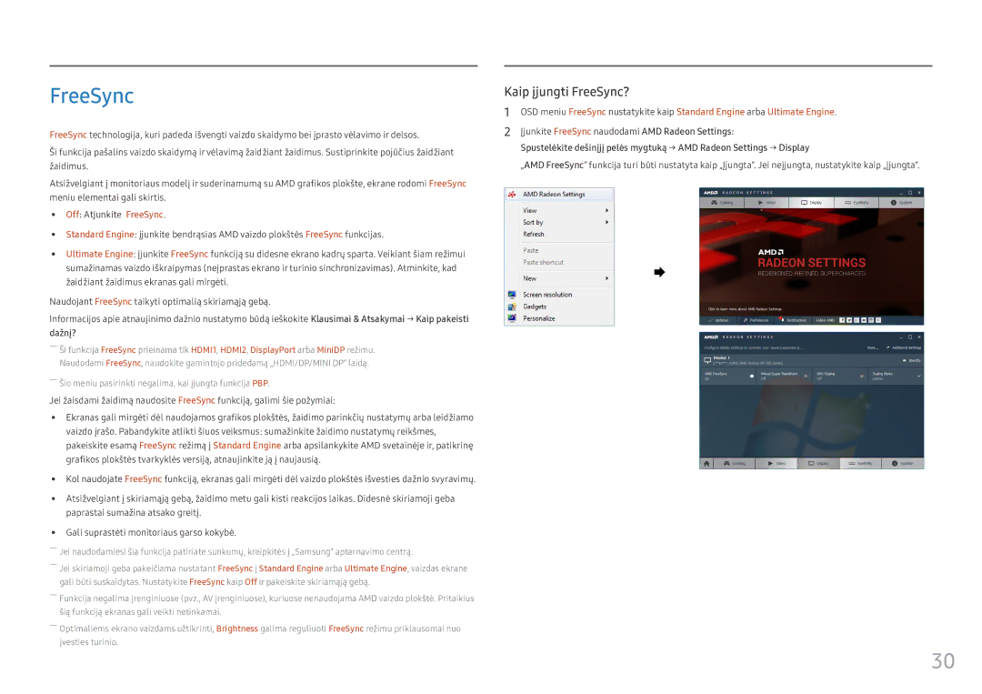 Samsung LC49HG90DMUXEN manual Įjunkite FreeSync naudodami AMD Radeon Settings 