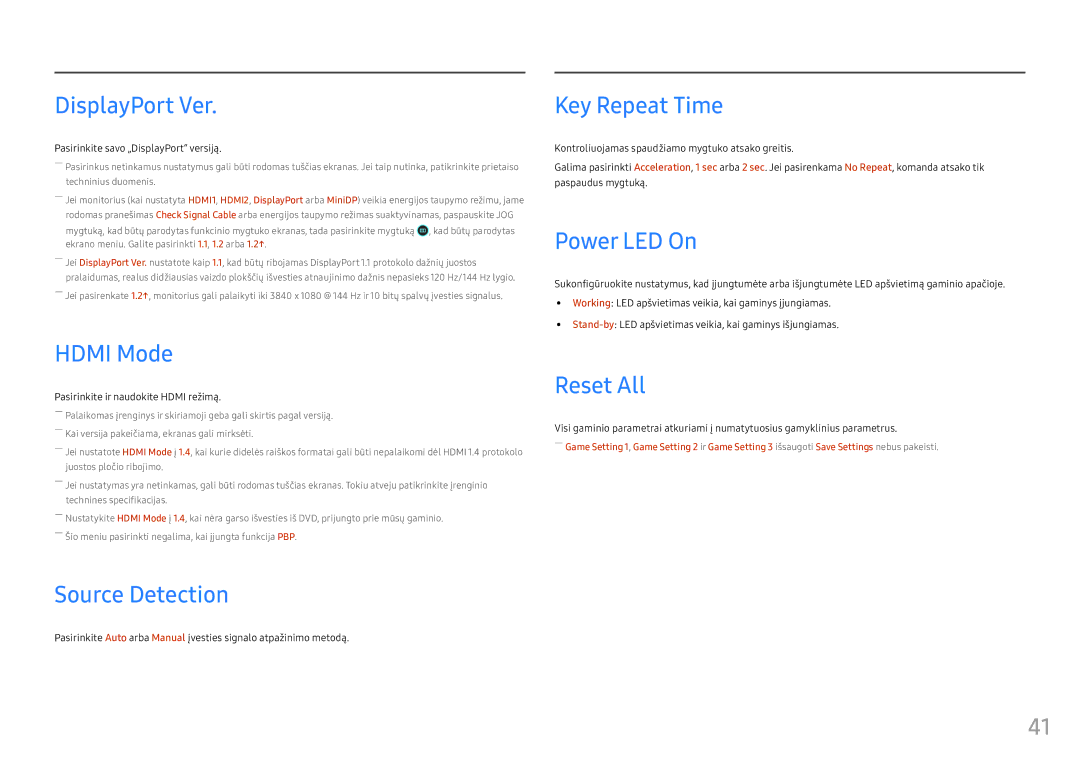 Samsung LC49HG90DMUXEN manual DisplayPort Ver, Hdmi Mode, Source Detection, Key Repeat Time, Power LED On, Reset All 