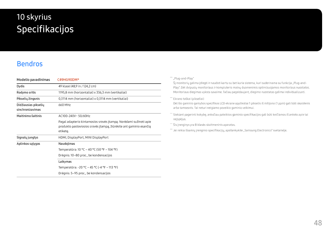 Samsung LC49HG90DMUXEN manual Specifikacijos, Bendros 