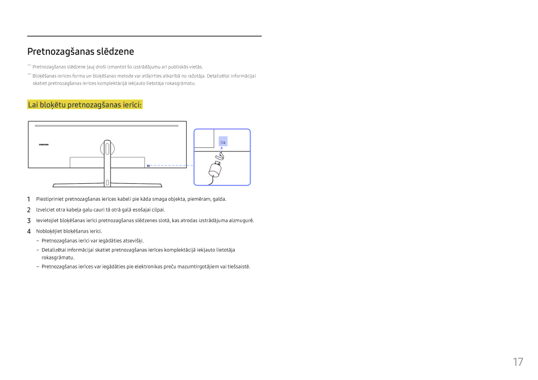 Samsung LC49HG90DMUXEN manual Pretnozagšanas slēdzene, Lai bloķētu pretnozagšanas ierīci 