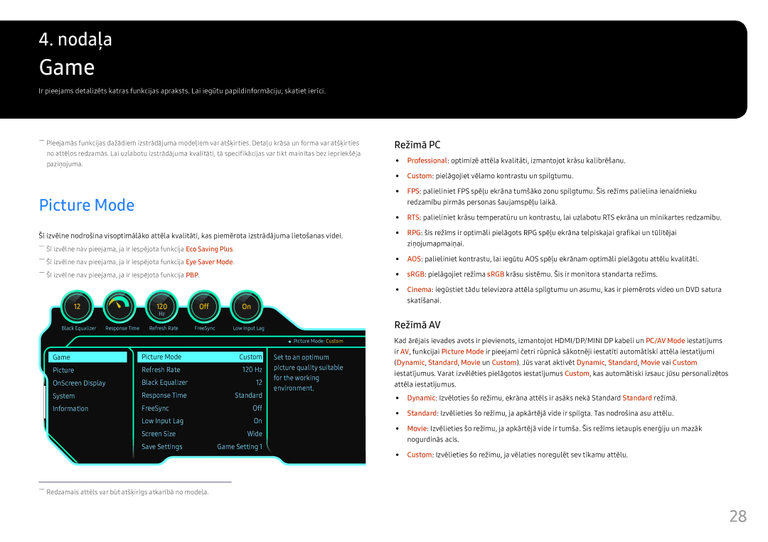 Samsung LC49HG90DMUXEN manual Game, Picture Mode 