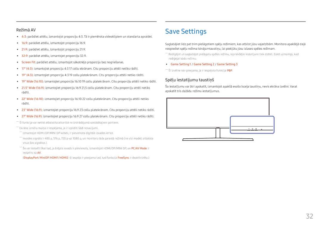 Samsung LC49HG90DMUXEN manual Save Settings, Spēļu iestatījumu taustiņš 