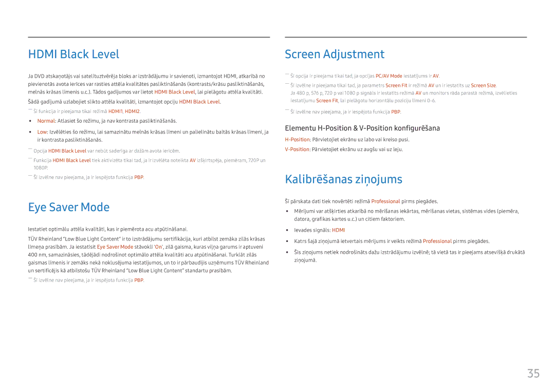 Samsung LC49HG90DMUXEN manual Hdmi Black Level, Eye Saver Mode, Screen Adjustment, Kalibrēšanas ziņojums 