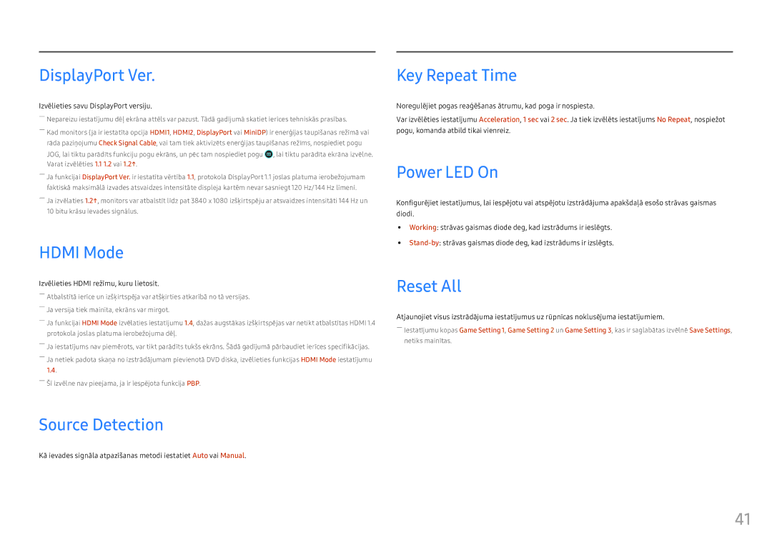 Samsung LC49HG90DMUXEN manual DisplayPort Ver, Hdmi Mode, Source Detection, Key Repeat Time, Power LED On, Reset All 