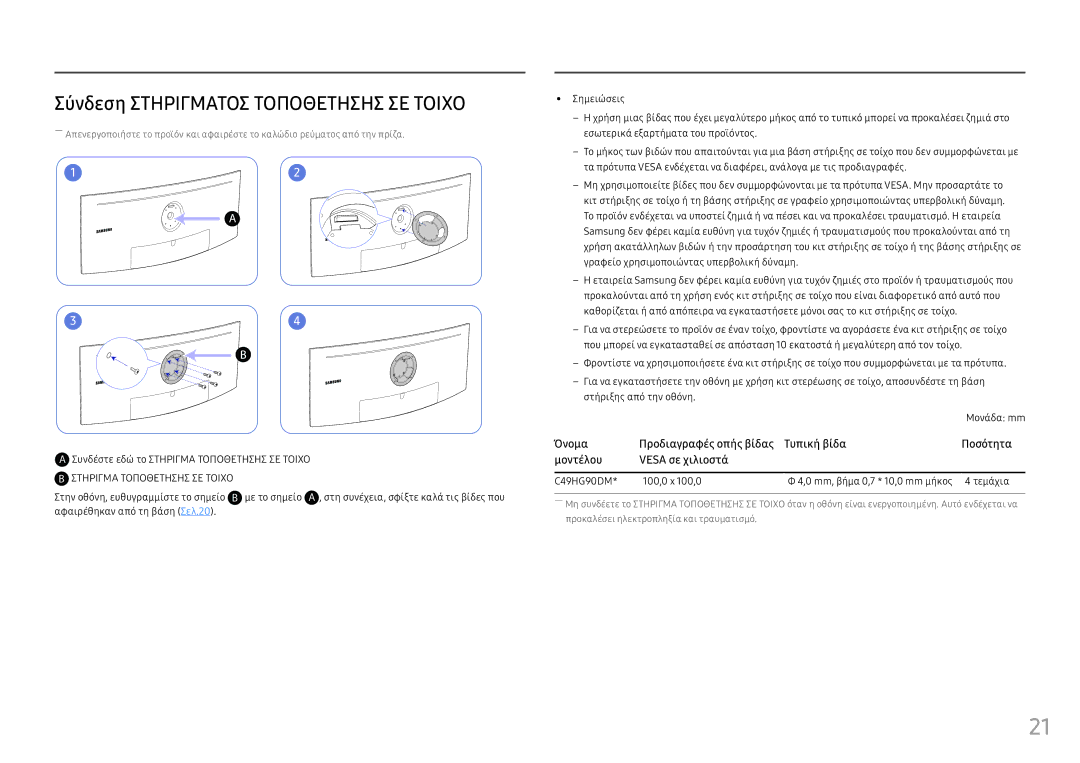 Samsung LC49HG90DMUXEN manual Σύνδεση Στηριγματοσ Τοποθετησησ ΣΕ Τοιχο, Στην οθόνη, ευθυγραμμίστε το σημείο B με το σημείο 