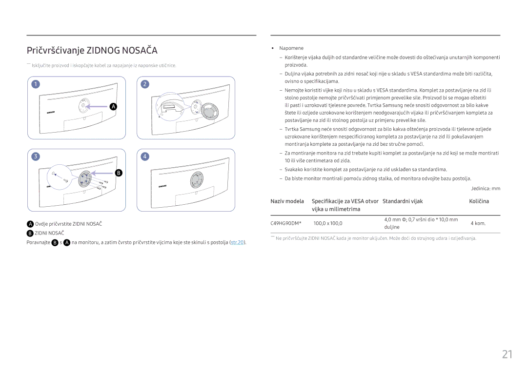 Samsung LC49HG90DMUXEN manual Pričvršćivanje Zidnog Nosača, Poravnajte B s 