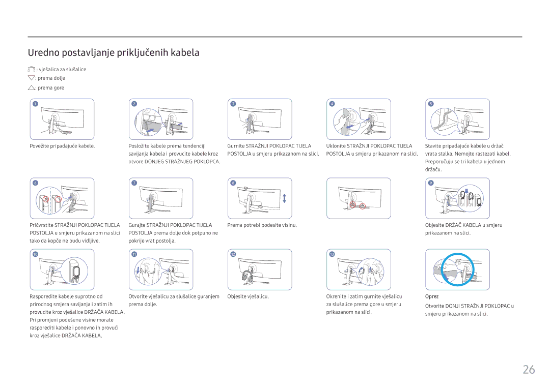 Samsung LC49HG90DMUXEN manual Uredno postavljanje priključenih kabela, Vješalica za slušalice Prema dolje prema gore 