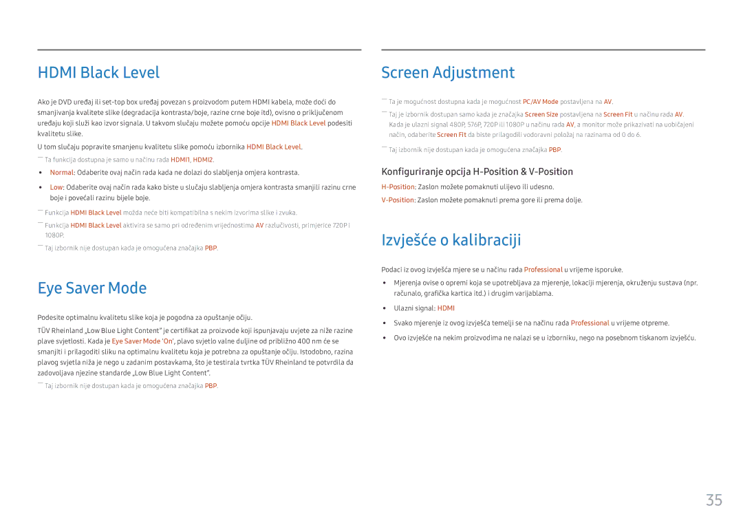 Samsung LC49HG90DMUXEN manual Hdmi Black Level, Eye Saver Mode, Screen Adjustment, Izvješće o kalibraciji 